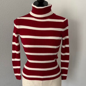 Ann Taylor LOFT petite Striped Red & White 100% Cotton Turtleneck Sweater -XXSP